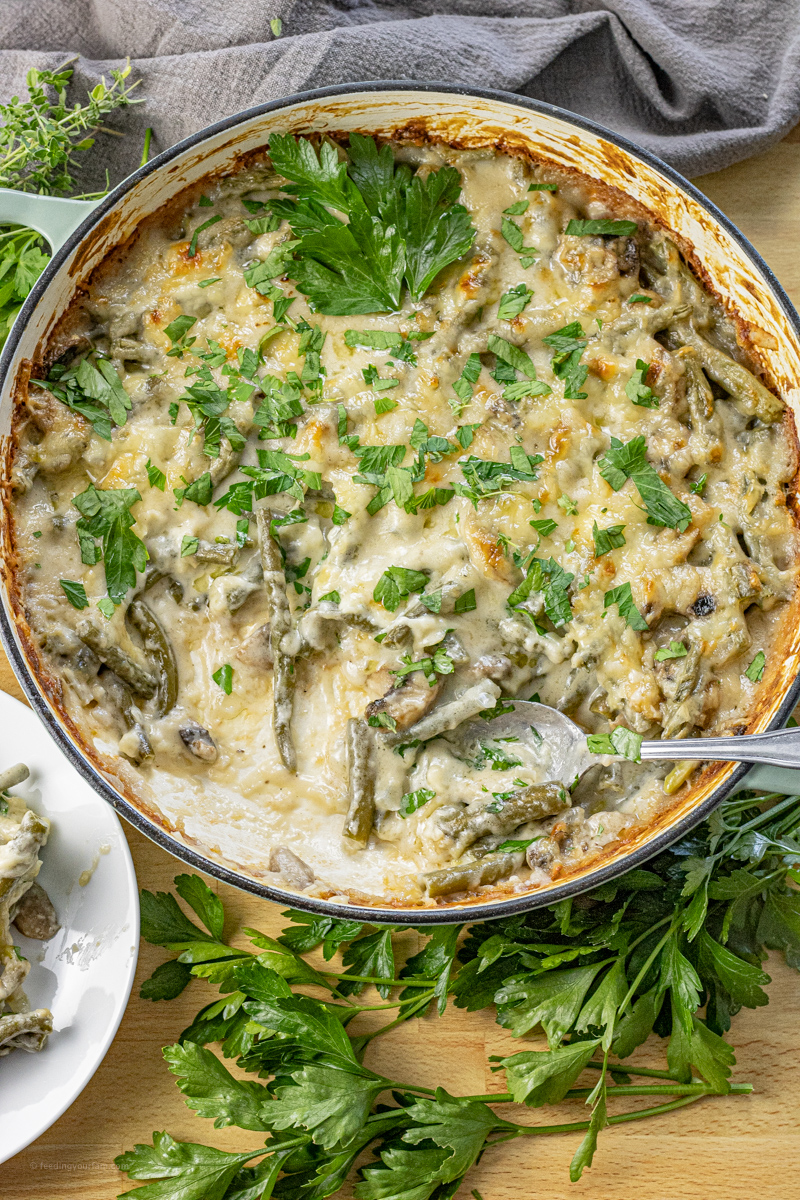 round pan of green bean casserole