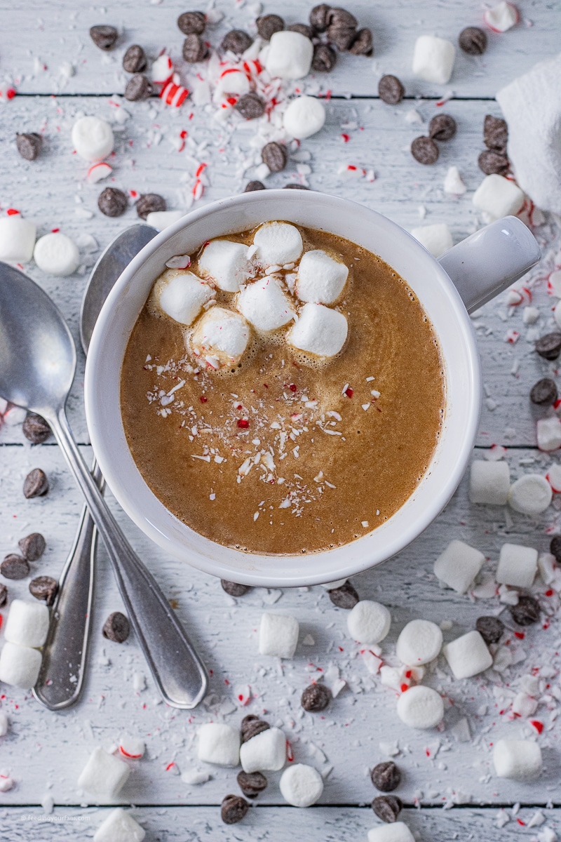 big white mug of hot cocoa topped with crushed candy canes and mini marshmallows