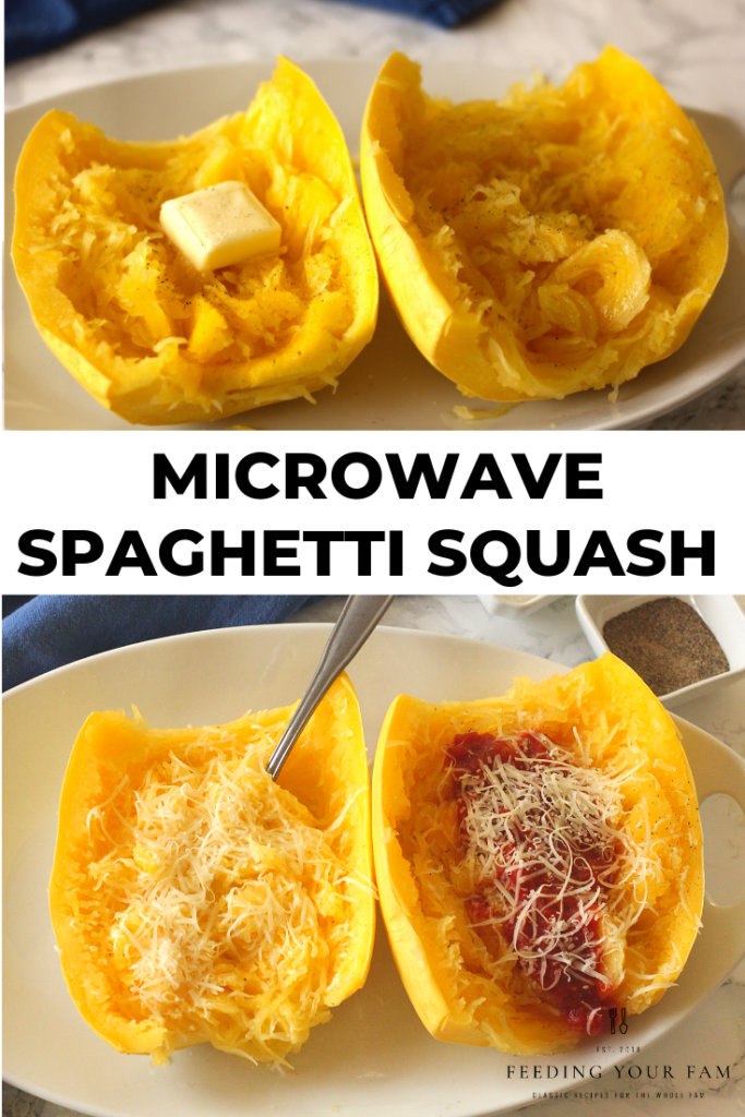 Microwave spaghetti squash topped with cheese and spaghetti sauce