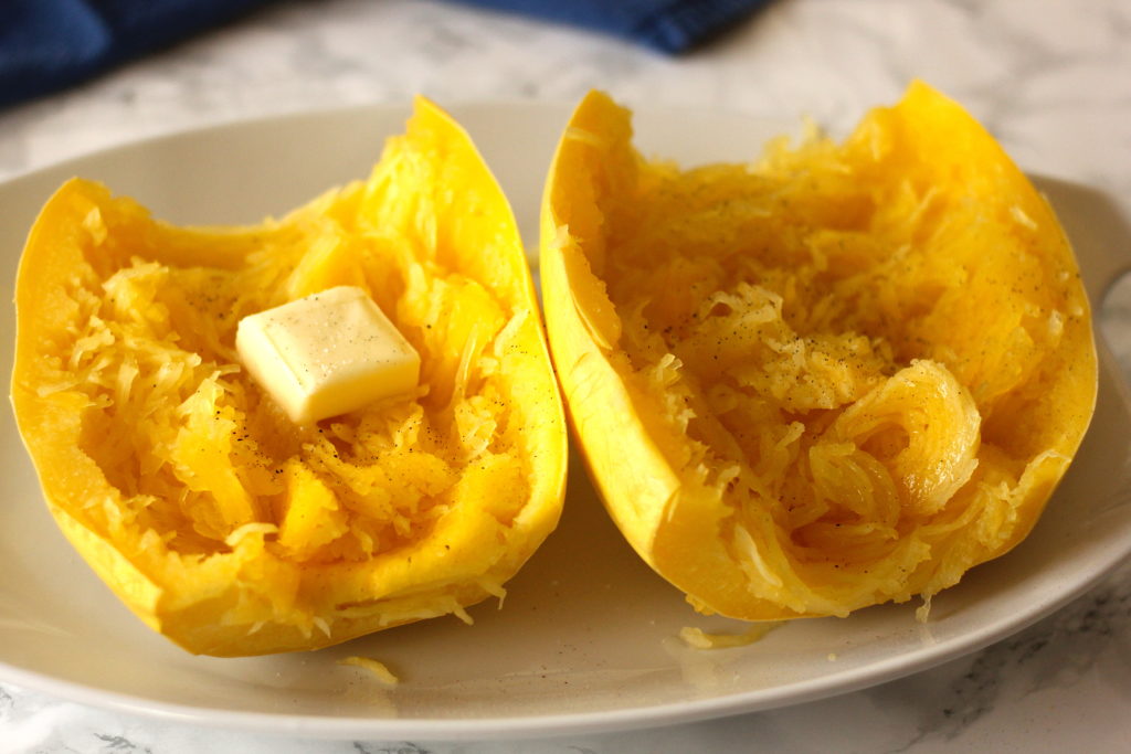 microwave cooked spaghetti squash on a dish