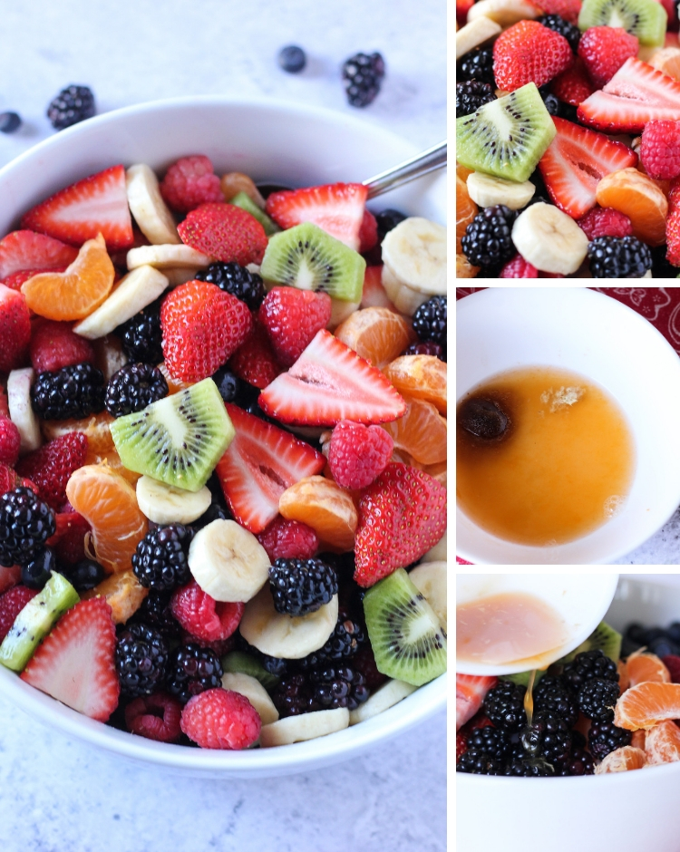 This summer fruit salad is stuffed with berry goodness and perfectly complimented with an orange ginger dressing! Perfect for all those summer potluck get togethers! You will have no leftovers when you bring this fruit salad to the table! #fruitsalad #berrysalad #mothersday #brunch fruit salad collage