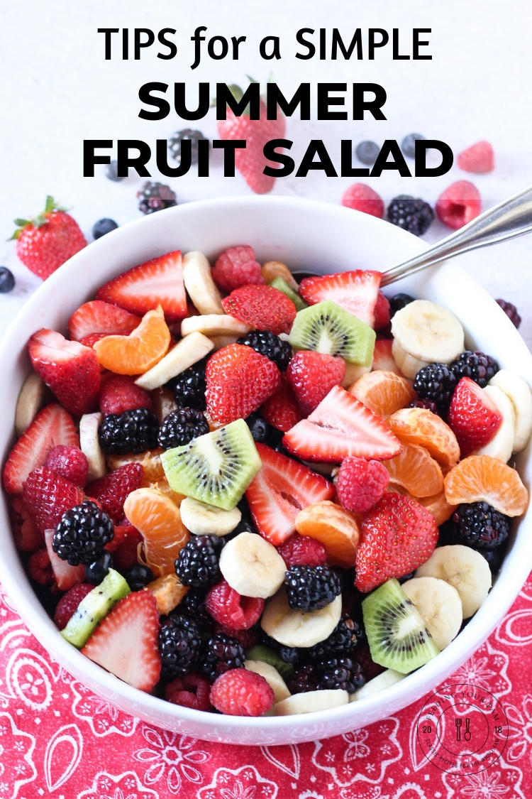 This summer fruit salad is stuffed with berry goodness and perfectly complimented with an orange ginger dressing! Perfect for all those summer potluck get togethers! You will have no leftovers when you bring this fruit salad to the table! #fruitsalad #berrysalad #mothersday #brunch Big bowl of mixed berry fruit salad with the words "Tips for a simple summer fruit salad"