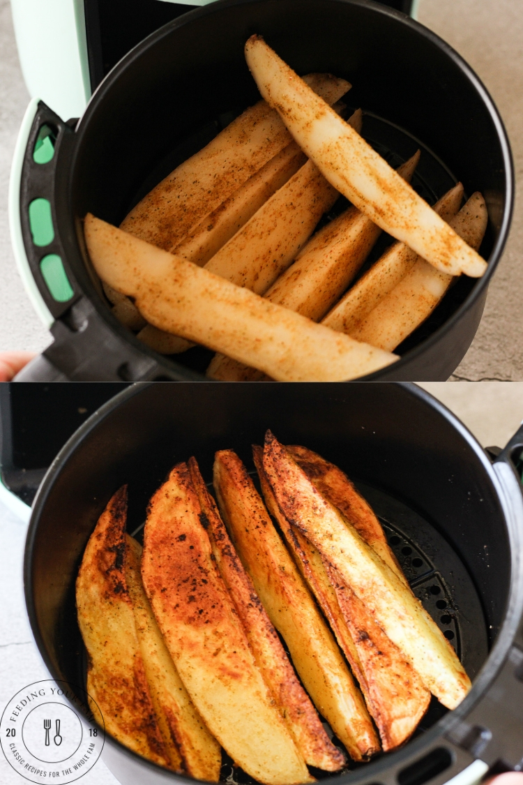 air fryer potato wedges//crispy potato wedges potato wedges in an air fryer basket, top is before cooking, bottom is golden brown