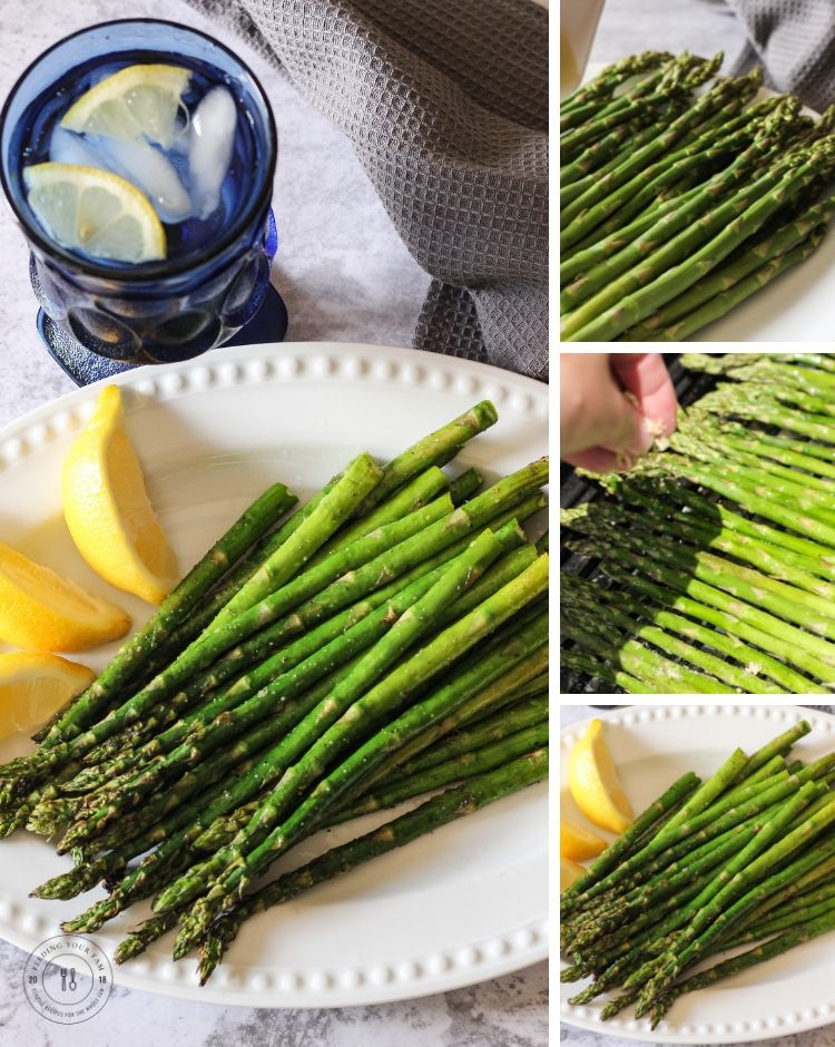 Grilled Asparagus is a special treat and perfect vegetable side dish to whatever you are grilling! This grilled asparagus recipe has a hint of lemon and garlic and couldn't be easier to prep and make! #asparagus #asparagusrecipe asparagus on a plate with a collage of steps on how to make asparagus