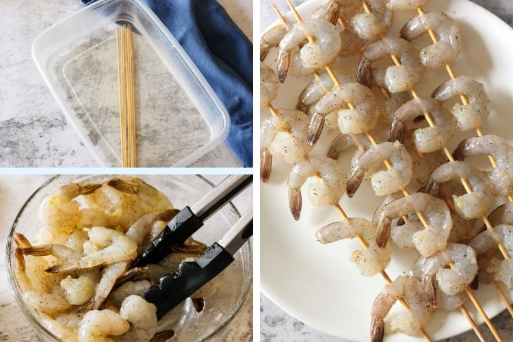 This easy Grilled Shrimp Recipe is a quick and simple meal that can be made on the grill with or without skewers. The ingredients are simple, complimentary and minimal. These grilled shrimp will be a repeat on your menu! #grilledshrimp #shrimprecipes #shrimpskewers collage of skewers in water, seasoning shrimp and shrimps on skewer