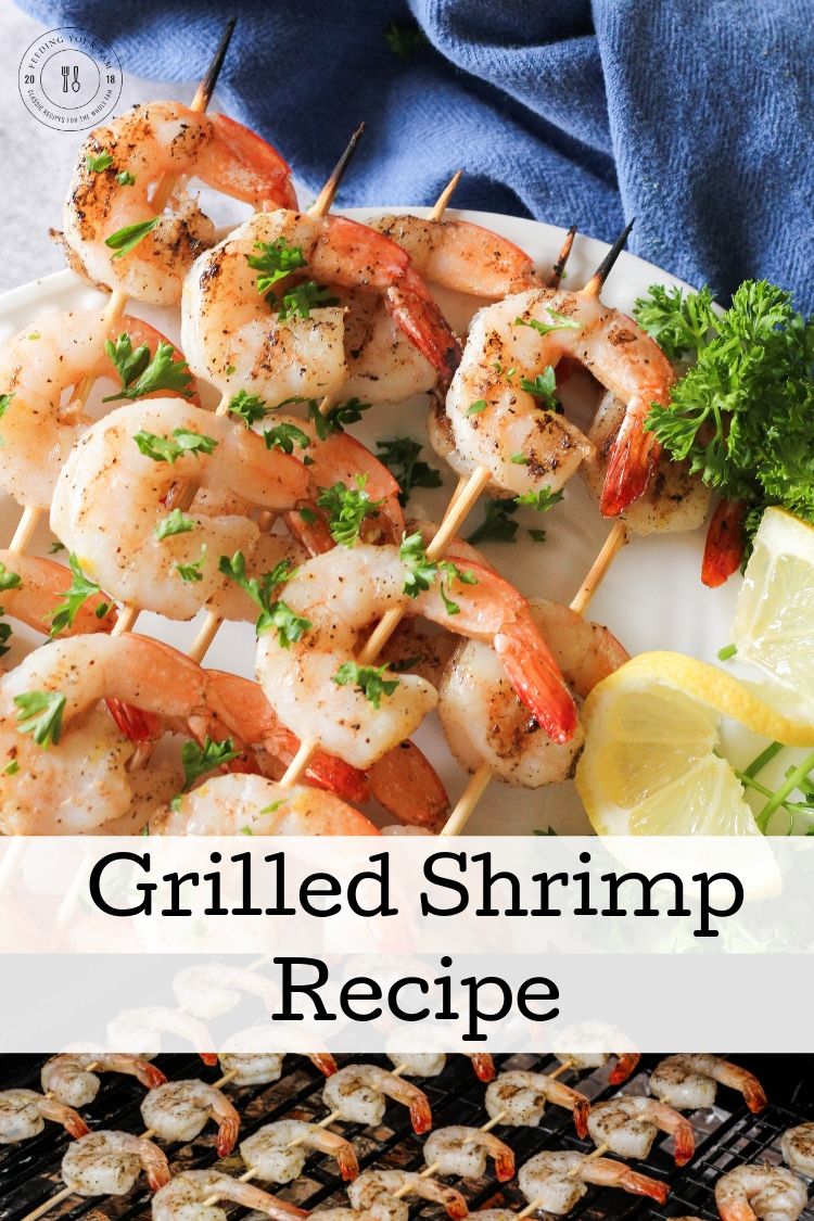 This easy Grilled Shrimp Recipe is a quick and simple meal that can be made on the grill with or without skewers. The ingredients for these grilled shrimp are simple, complimentary and minimal. These grilled shrimp will be a repeat on your menu! #grilledshrimp #shrimpskewers #shrimprecipes #grillingrecipes split image of grilled shrimp on a plate and grill with the words grilled shrimp recipe in the center