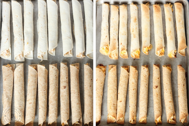 Unbaked chicken taquitos rolled and placed seam-side down on a baking sheet