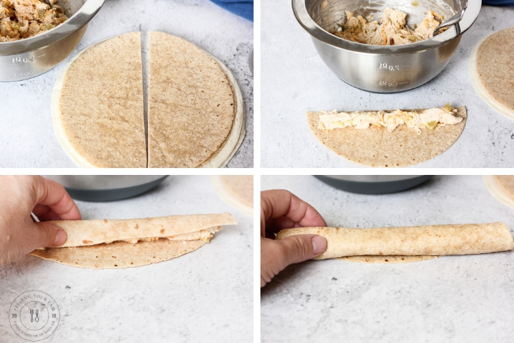Step-by-step of filling and rolling chicken taquitos using halved tortillas