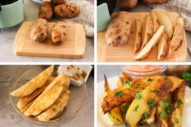 potato wedges//air fried potato wedges//air fryer recipes #potatowedges #potatoes #dippingsauce steps to make potato wedges. whole potatoes, sliced potatoes, seasoned potatoes, crisp potatoes