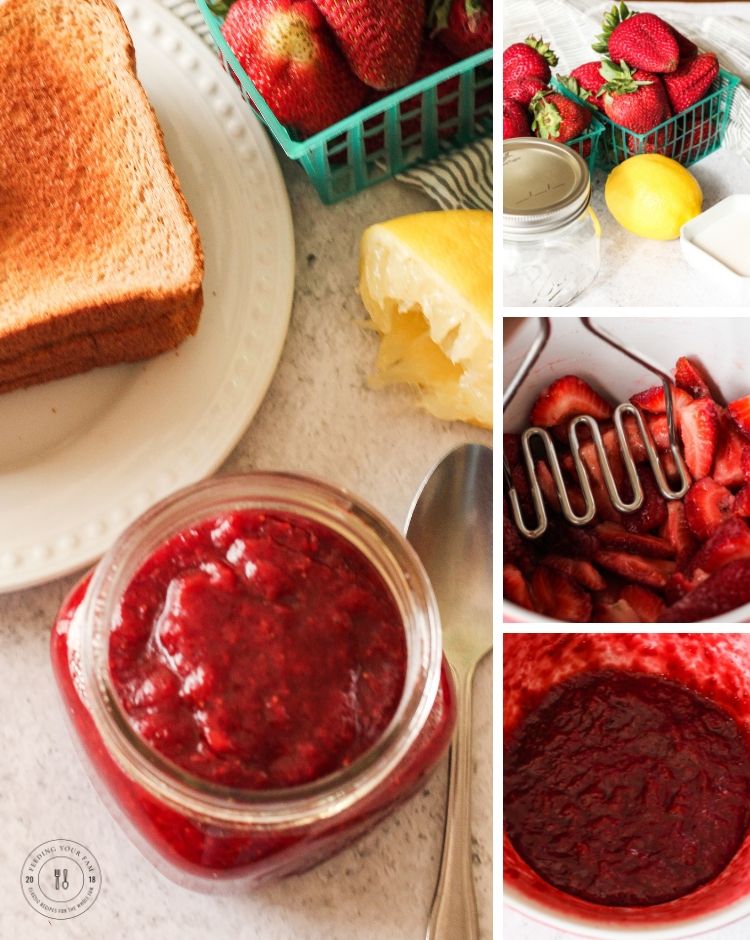 This Strawberry Freezer Jam is simply made in the microwave with just 3 ingredients! Ready to smother on biscuits or flavor yogurt in just 10 minutes. #freezerjam #strawberryjam #berryjam collage of steps to make strawberry freezer jam