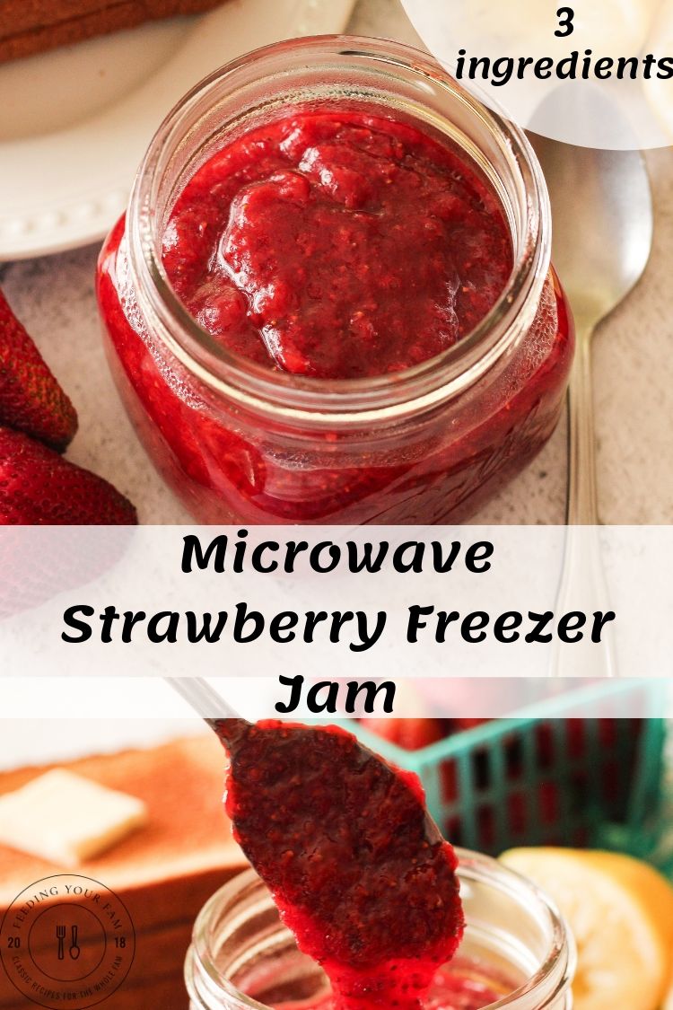 This Strawberry Freezer Jam is simply made in the microwave with just 3 ingredients! Ready to smother on biscuits or flavor yogurt in just 10 minutes. #strawberryjam #freezerjam #strawberryrecipe strawberry jam in a glass jar on top and another image below with a spoon dripping jam