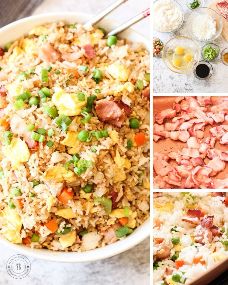 Bacon Fried Rice is a simple go to dish that is full of vegetables, rice and of course bacon! This is a staple recipe around our house, we usually have all of these ingredients on hand and this can be made quick. Dinner win!! #friedrice #bacon #ricerecipes collage of steps to make fried rice
