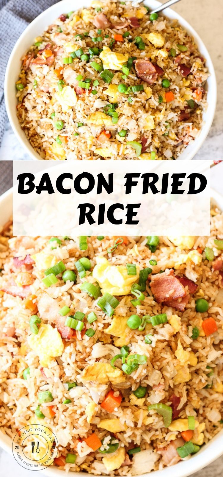 Bacon Fried Rice is a simple go to dish that is full of vegetables, rice and of course bacon! This is a staple recipe around our house, we usually have all of these ingredients on hand and this can be made quick. Dinner win!! #friedrice #whiterice #bacon Bacon Fried Rice