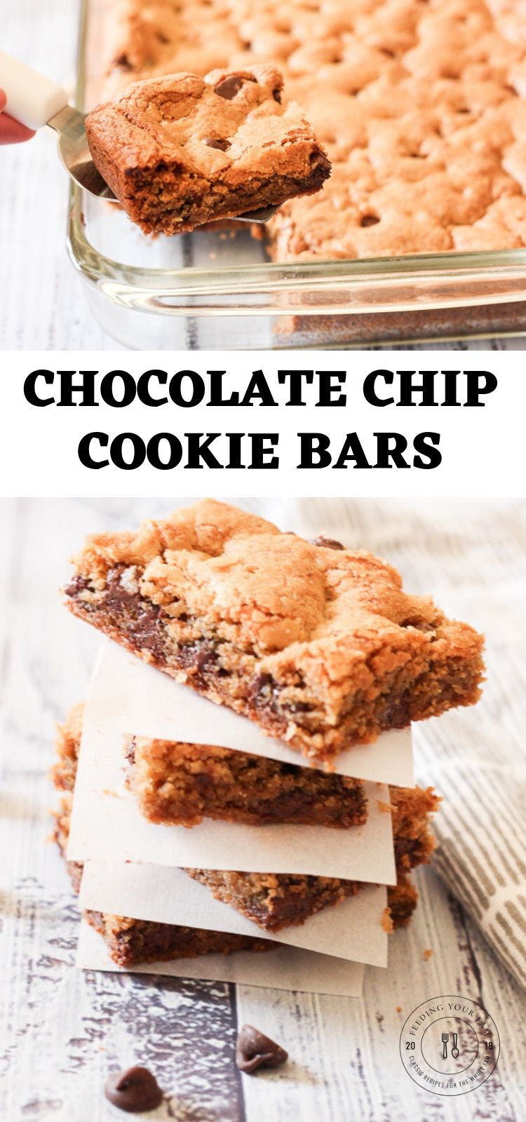 These Thick and Chewy Chocolate Chip Cookie Bars are rich, buttery and delicious!! Perfect for slicing and sharing, eating with a scoop of ice cream or packing for lunch! #cookiebars #chocolatechipcookies #chocolatechipbars chocolate chip cookie bars