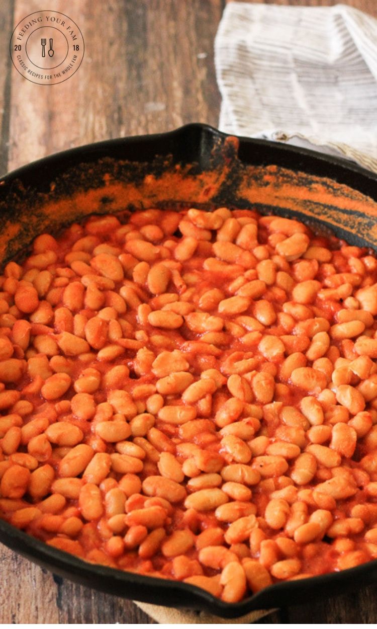 cast iron pan of beans