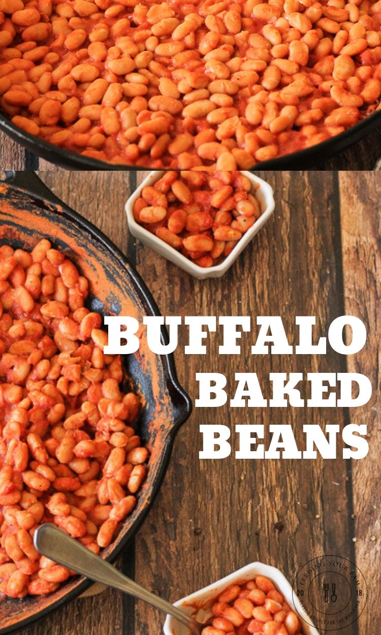 I know you've heard of Buffalo Chicken Wings, now prepare your palette for these zippy BUFFALO BAKED BEANS! Buffalo Baked Beans are a perfect combination of tangy and heat. These beans pack a tastebud punch!! #bakedbeans #buffalosauce #buffalobakedbeans beans in a cast iron pan