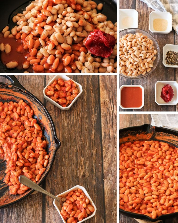 I know you've heard of Buffalo Chicken Wings, now prepare your palette for these zippy BUFFALO BAKED BEANS! Buffalo Baked Beans are a perfect combination of tangy and heat. These beans pack a tastebud punch!! #bakedbeans #buffalobakedbeans #bbqsidedish collage of buffalo baked beans
