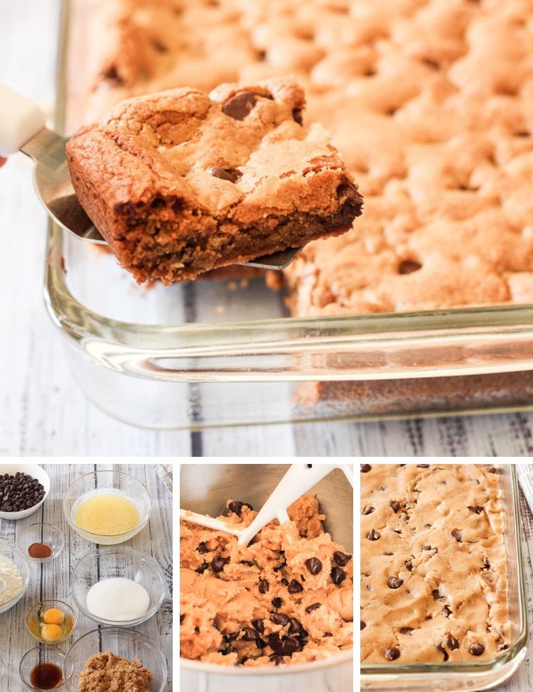 These Thick and Chewy Chocolate Chip Cookie Bars are rich, buttery and delicious!! Perfect for slicing and sharing, eating with a scoop of ice cream or packing for lunch! #cookiebars #chocolatechipcookies #chocolatechipbars collage on how to make chocolate chip cookie bars