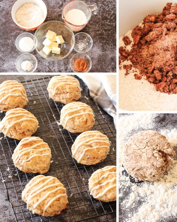 These Cinnamon Biscuits with Cream Cheese Frosting are golden, flaky biscuits with a cinnamon sugar twist, like having a cinnamon roll in under 20 minutes!! The Cream Cheese Frosting is creamy and delicious and just takes these biscuits over the top!! #creamcheese #buttermilkbiscuits #biscuits #brunch collage of ingredients, dough and cooked biscuits