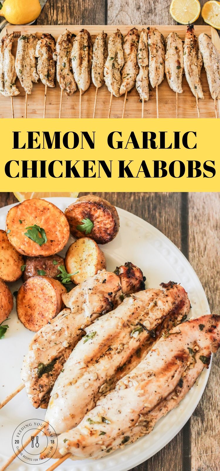 pinterest image of lemon garlic chicken kabobs 