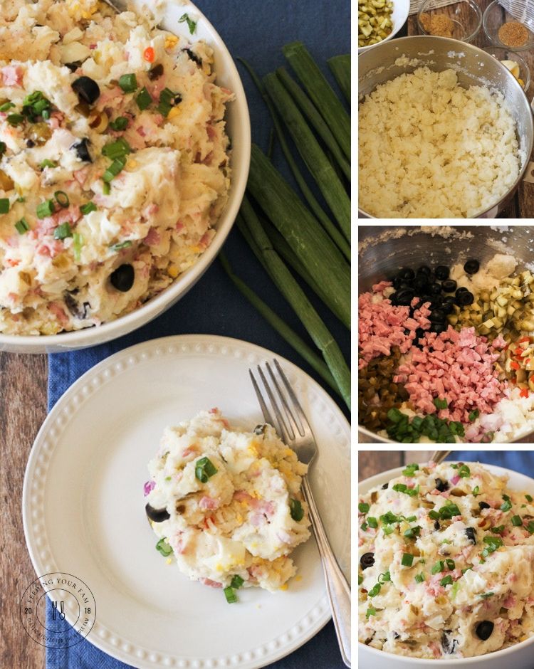 collage of how to make potato salad. Whip potatoes in a mixer, add ingredients and combine