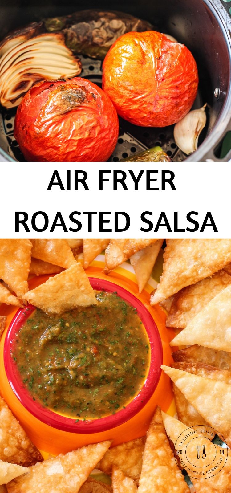 Air Fryer Roasted Salsa is loaded with delicious tomatoes, onions, garlic, jalapeno and cilantro. Comes together in just 20 minutes! #salsa #roastedsalsa #airfryerrecipes