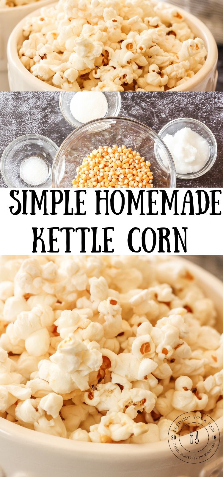 This Sweet and Salty Kettle Corn recipe is an easy homemade snack made with coconut oil, sugar, salt and popcorn kernels. Skip the movie theater and stay home with a big batch of this deliciousness!! #kettlecorn #homemadekettlecorn #popcorn #afterschoolsnack kettle corn pin