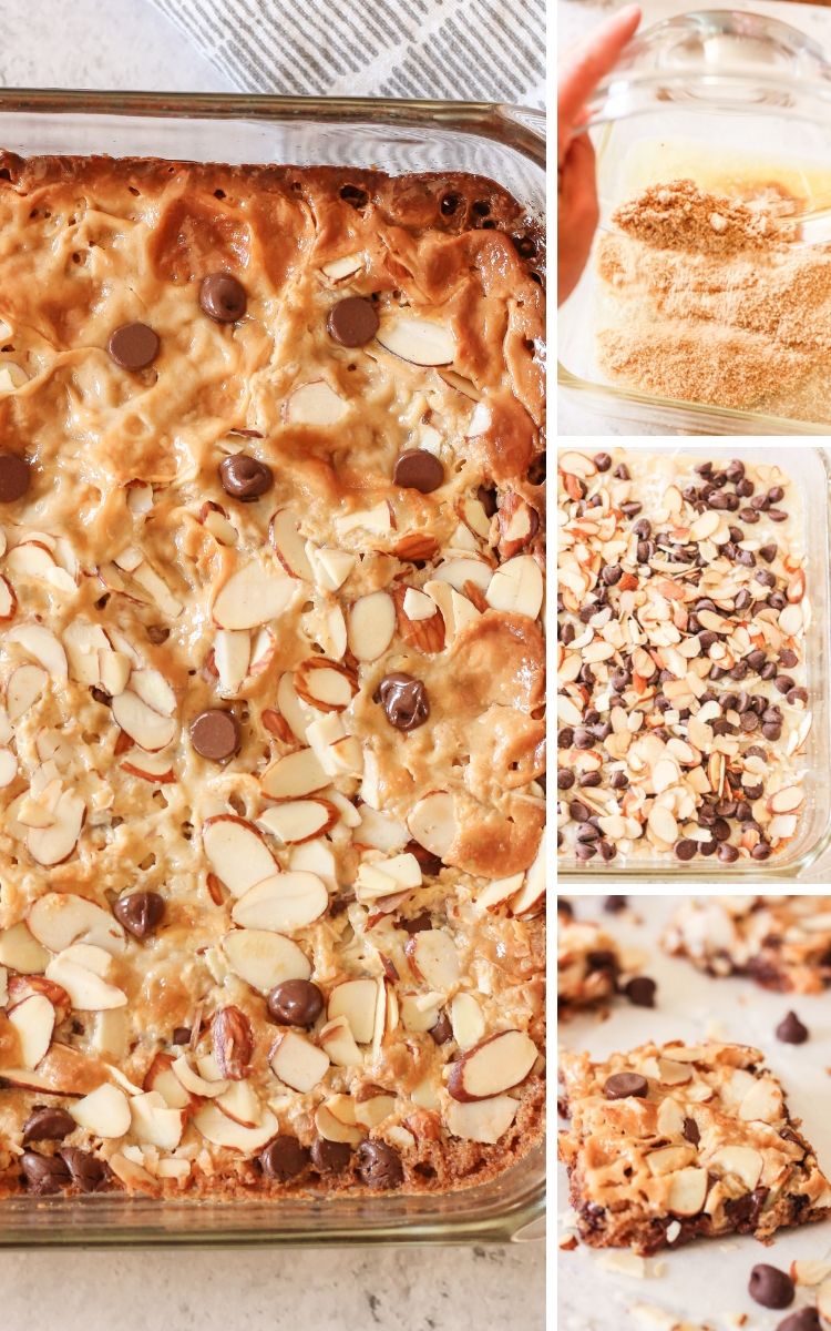 Magic Cookie Bars are layers of delicious graham cracker crust, covered with a gooey caramely layer stuffed with chocolate, nuts, and coconut. These Magic Cookie Bars are perfect to bring to parties, picnics, or just a simple dessert. #cookiebars #cookierecipes #magiccookies collage of how to make magic cookie bars
