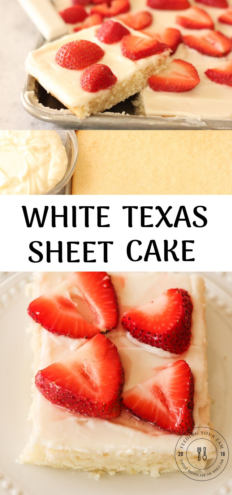 slice of sheet cake topped with strawberries