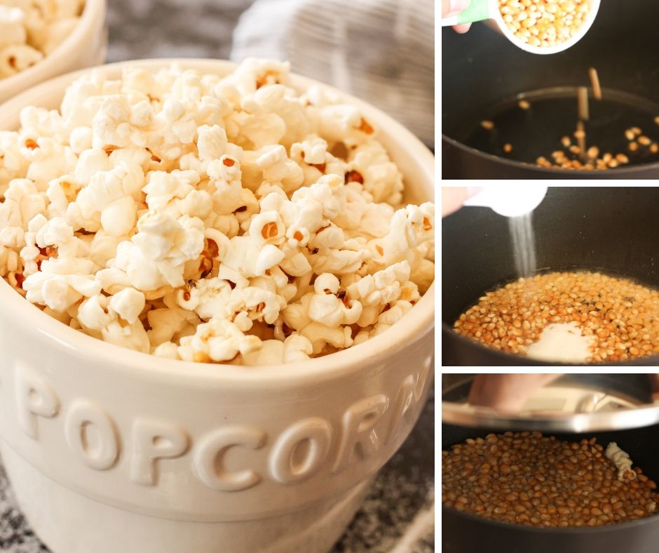 collage of steps to make homemade kettle corn