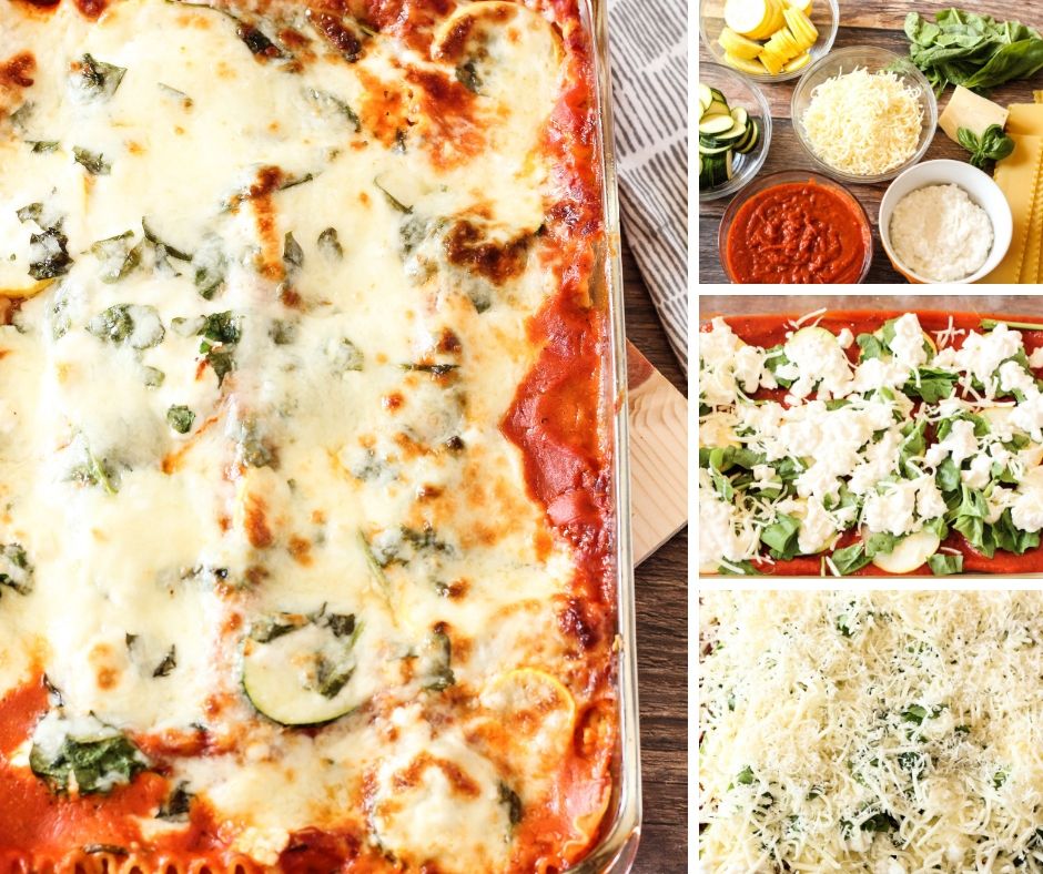 This Easy Vegetable Lasagna Recipe is loaded with fresh zucchini, yellow squash and spinach! Layered with lasagna noodles cheese and marinara, this is the perfect recipe for Feeding Your Fam or sharing with friends! #veggielasagna #lasagna collage of steps for how to make lasagna