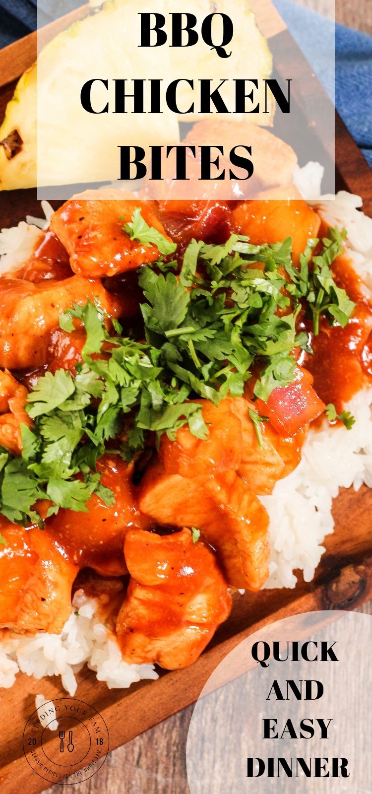These Barbecue Chicken Bites are oven baked for tender, juicy chicken. Perfectly complimented with sweet pineapples, barbecue sauce and onions. Serve over a bed of rice for a quick and delicious meal! #30minutemeal #chickenrecipes #chicken #dinnerideas #familydinner