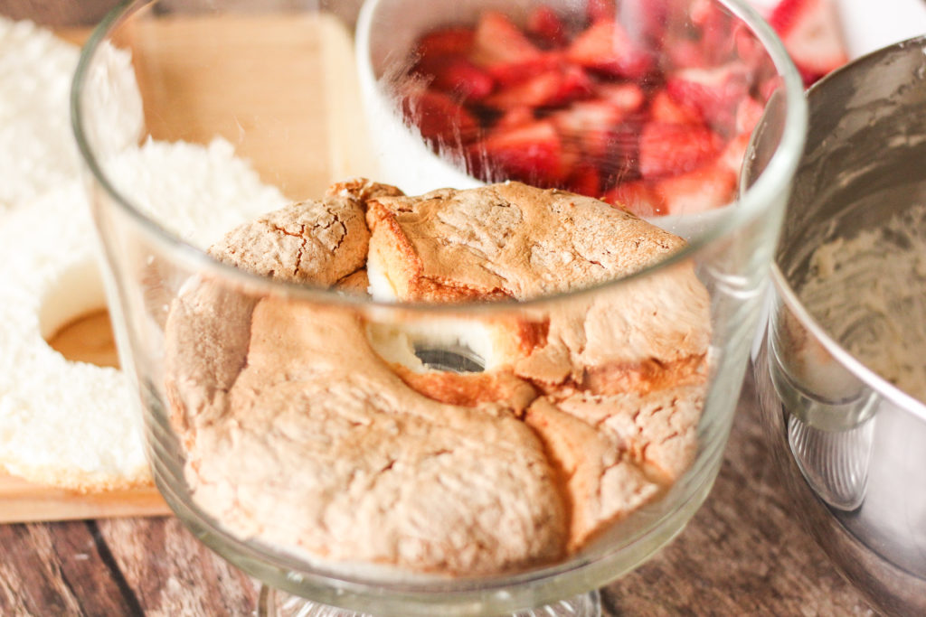 angel food cake in trifle dish