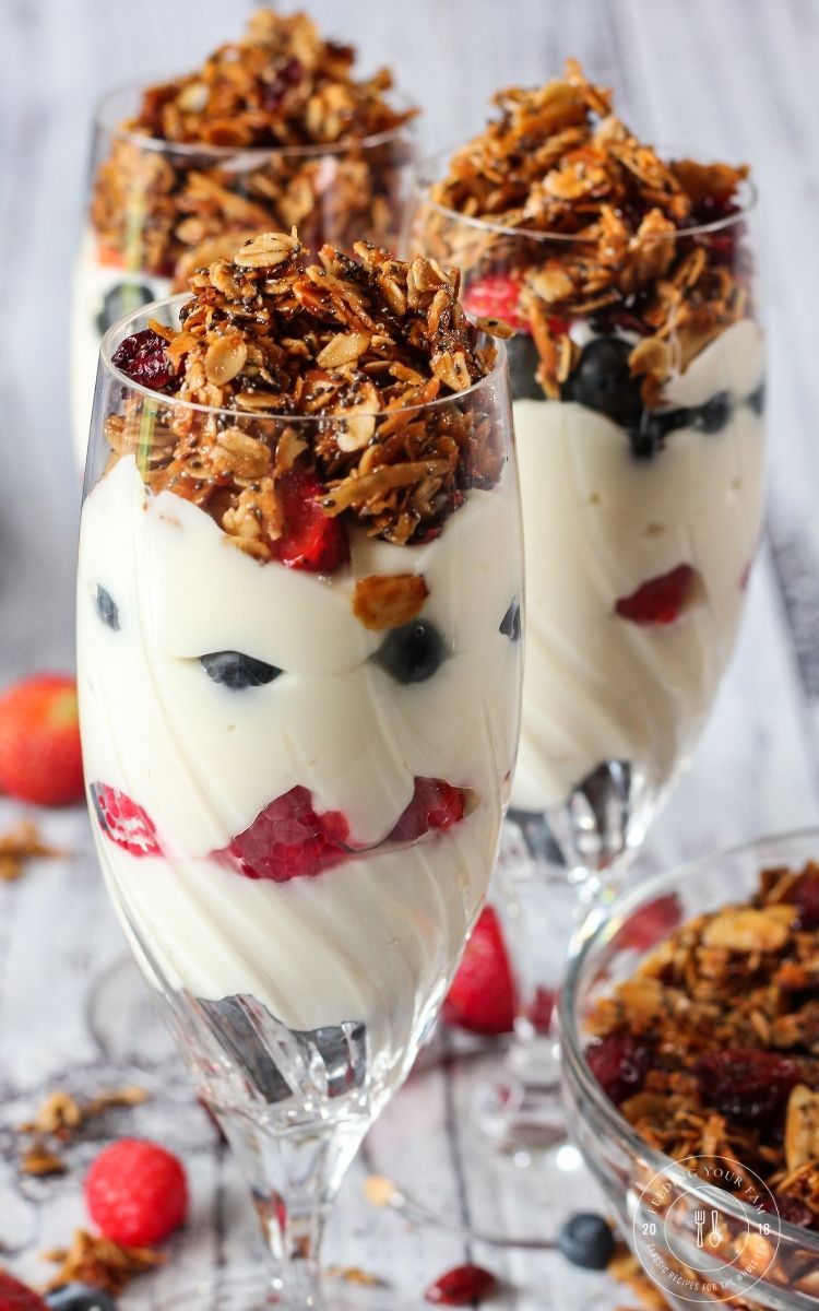 yogurt parfaits layered with berries and homemade granola