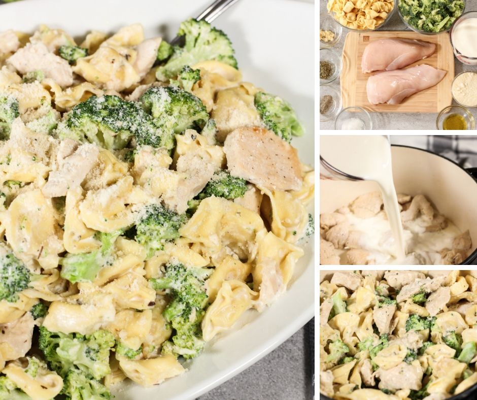 This ONE POT BROCCOLI CHICKEN TORTELLINI ALFREDO has a creamy sauce covering bite sized pieces of broccoli and chicken, perfectly seasoned and of course quick for a simple weeknight meal! #alfredosauce #quickmeal #easyrecipes #dinnerideas #broccoli #tortellinirecipes collage of how to make creamy tortellini. Top image of ingredients, adding cream and finished creamy tortellini
