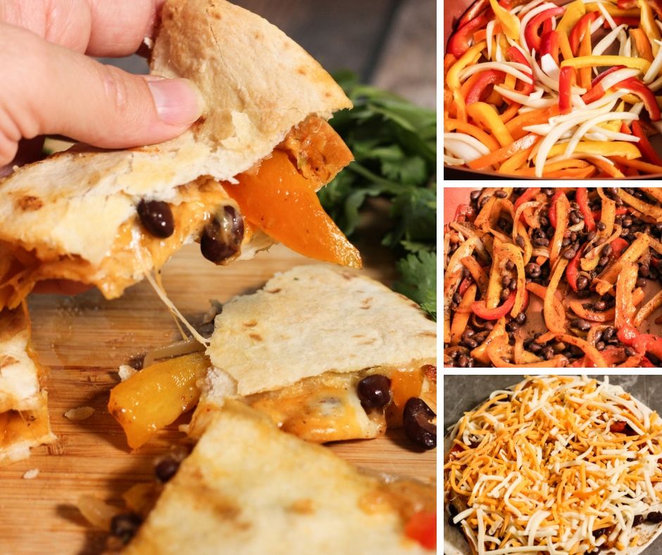 collage of finished quesadilla, cooking peppers and tortilla with cheese and peppers on top
