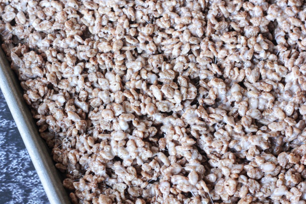 chocolate rice krispie in a baking sheet