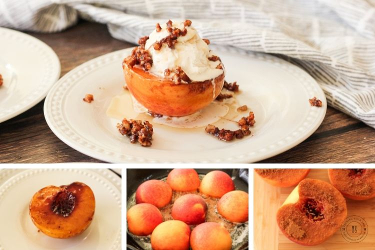 collage of caramelized peaches, brown sugar coated peach, peaches in a pan and caramelized peach on a plate