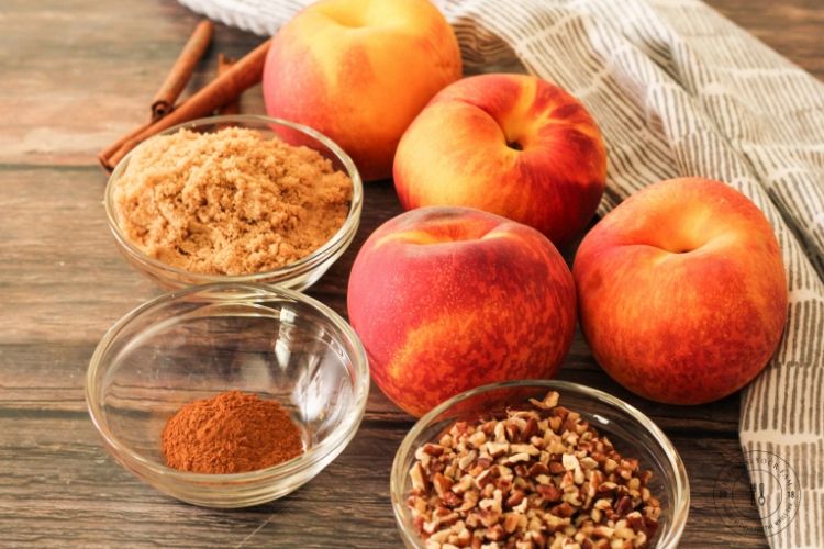 peaches, cinnamon, brown sugar and pecans