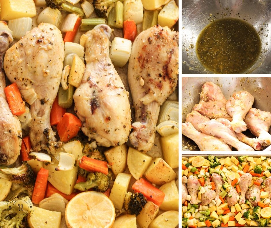 Sheet Pan Lemon Chicken Drumsticks and Vegetables is a simple meal cooked all in one pan. This simple, no fuss will have you Feeding Your Fam a healthy meal in no time!!! collage of how to make sheet pan drumsticks