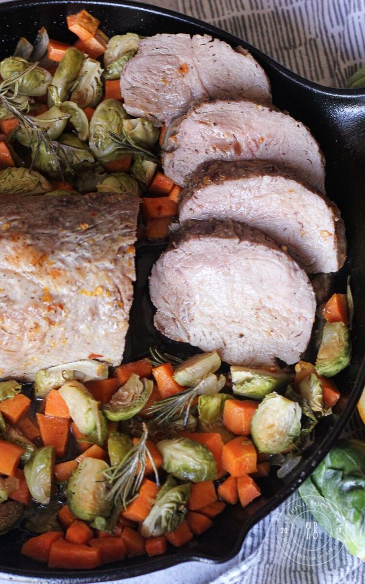 sliced pork loin roast in a cast iron pan