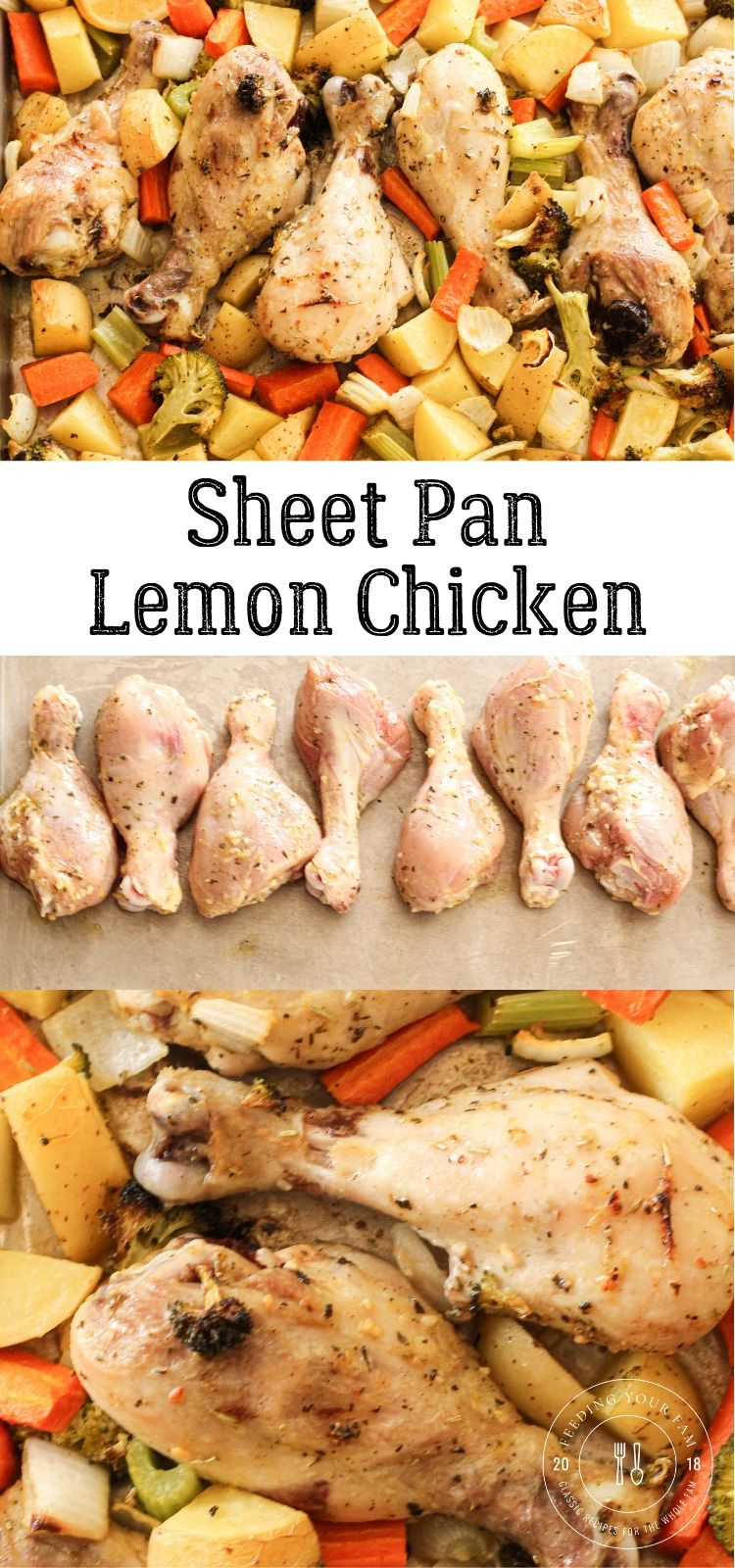 Sheet Pan Lemon Chicken Drumsticks and Vegetables is a simple meal cooked all in one pan. This simple, no fuss will have you Feeding Your Fam a healthy meal in no time!!! #sheetpan #chickendinner #easydinner #lemonchicken lemon chicken and vegetables on a sheet pan