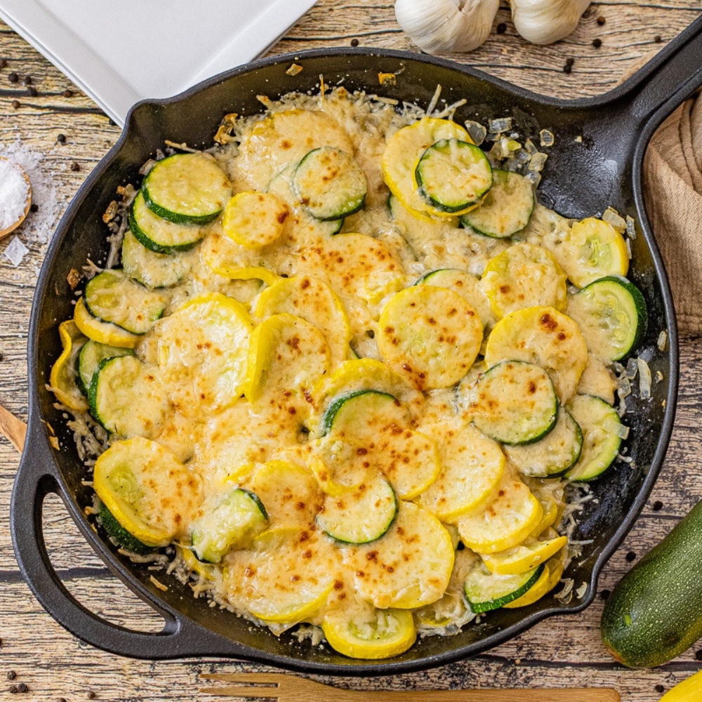 skillet squash and zucchini topped with cheese