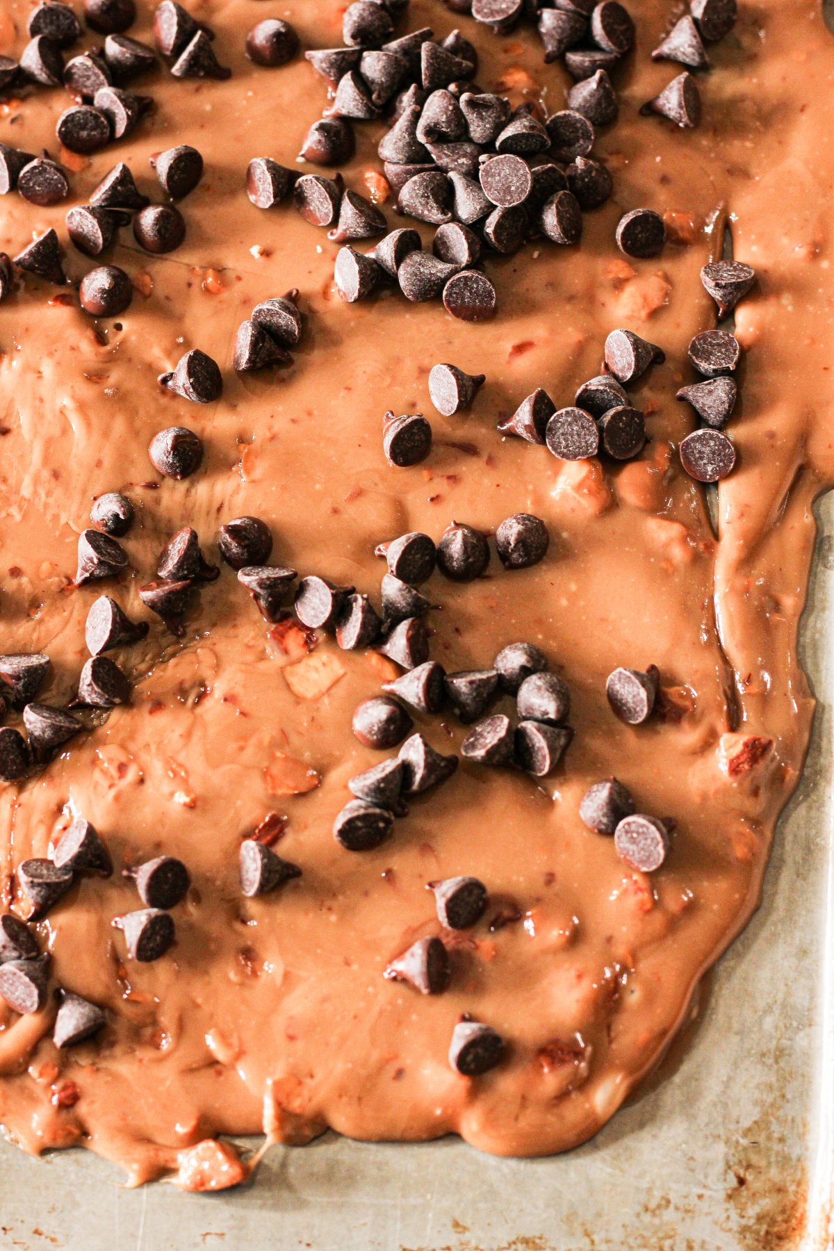 chocolate chips on warm toffee
