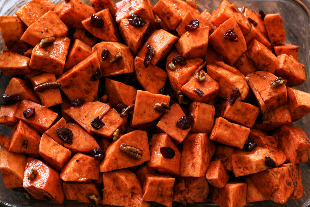 sweet potato slices with cranberries and pecans