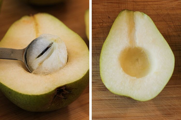 scooping out the core of a pear