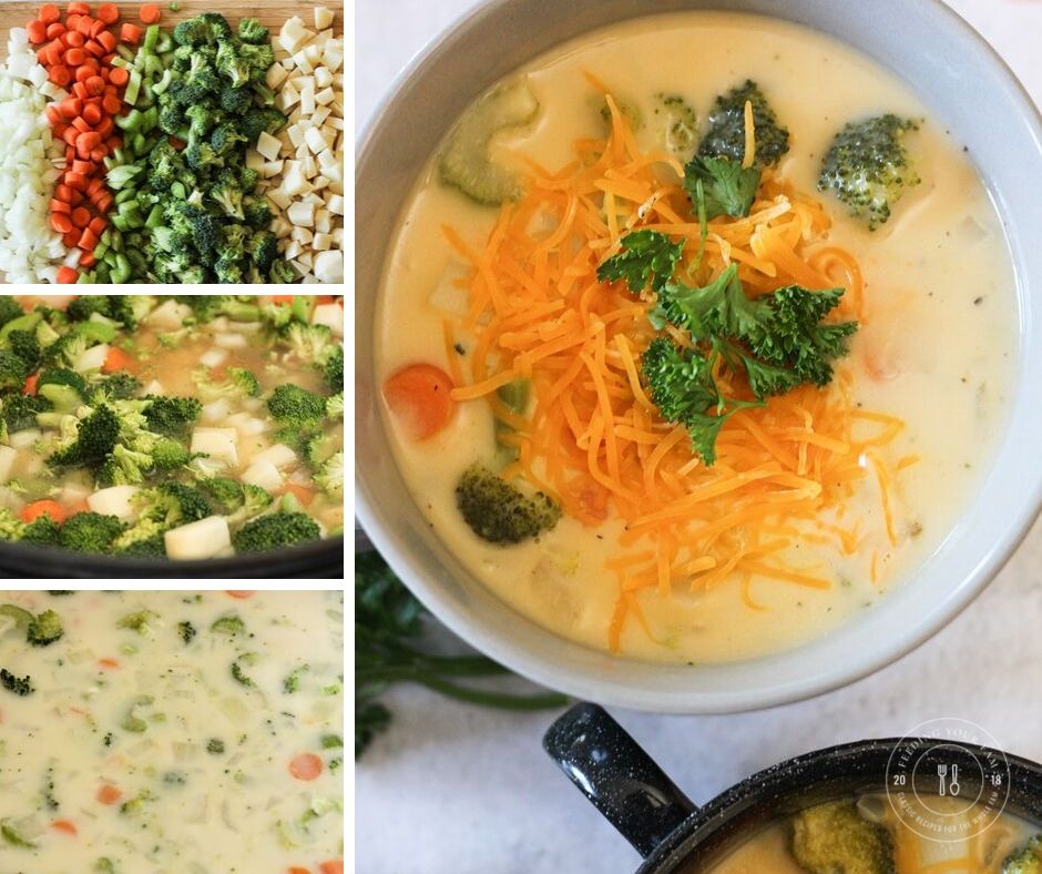 collage of steps to make broccoli cheese soup