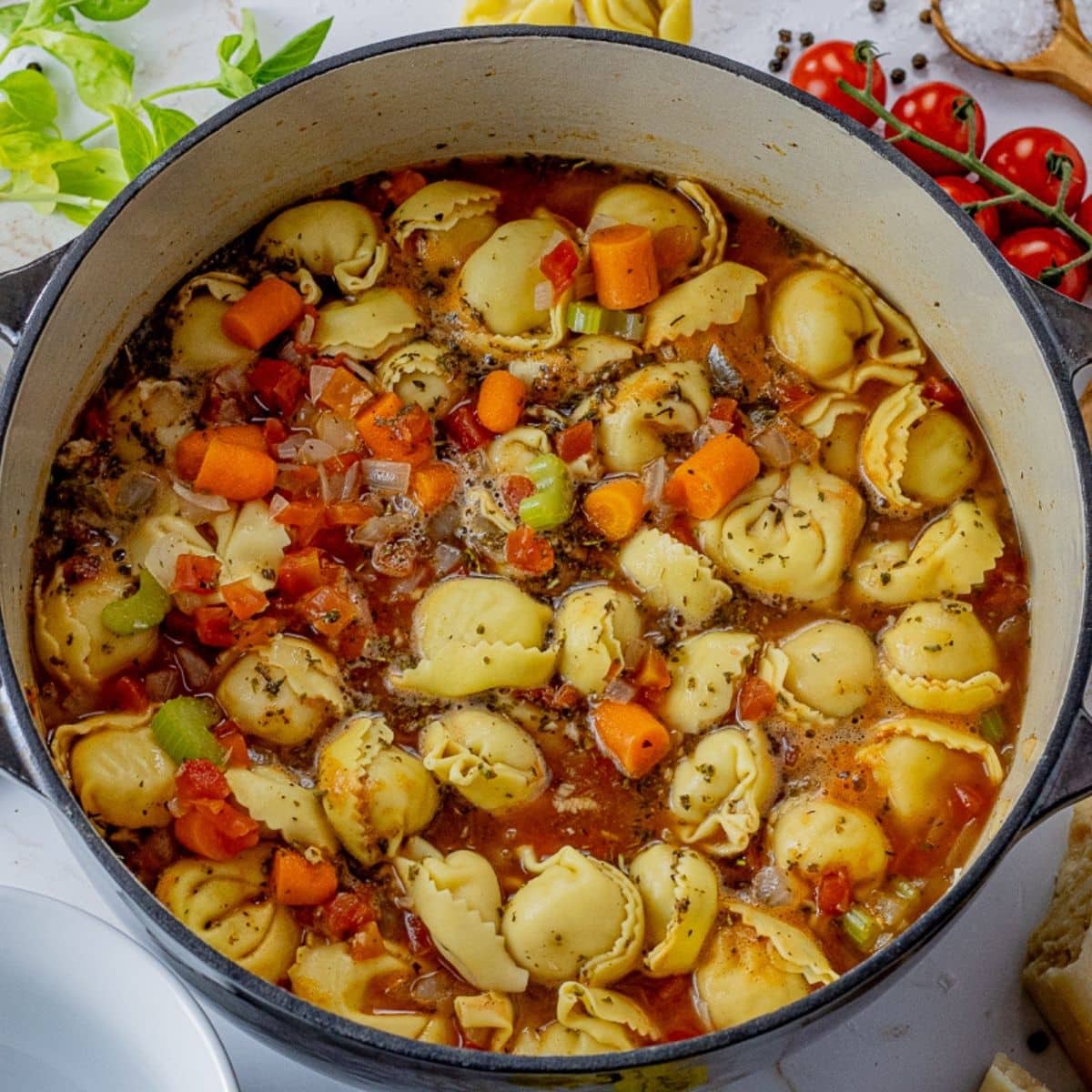 soup made with tortellini in a tomato broth in a big pot