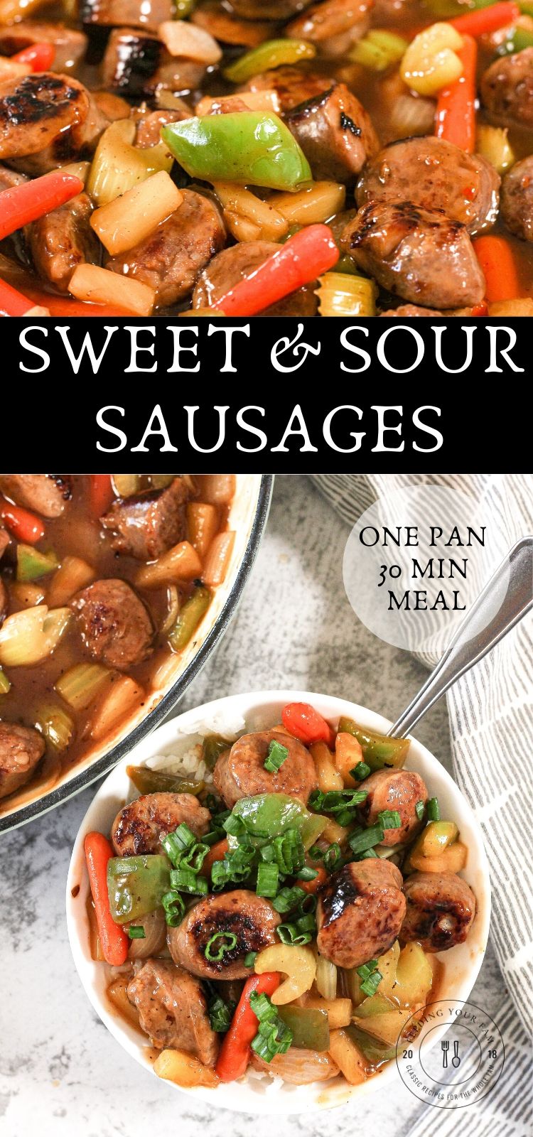 This simple recipe for Sweet and Sour Sausages is loaded with veggies, Italian sausage and covered in a delicious sweet and sour sauce. This is perfect for a quick weeknight meal, or delicious as an appetizer. images of sweet and sour sausages