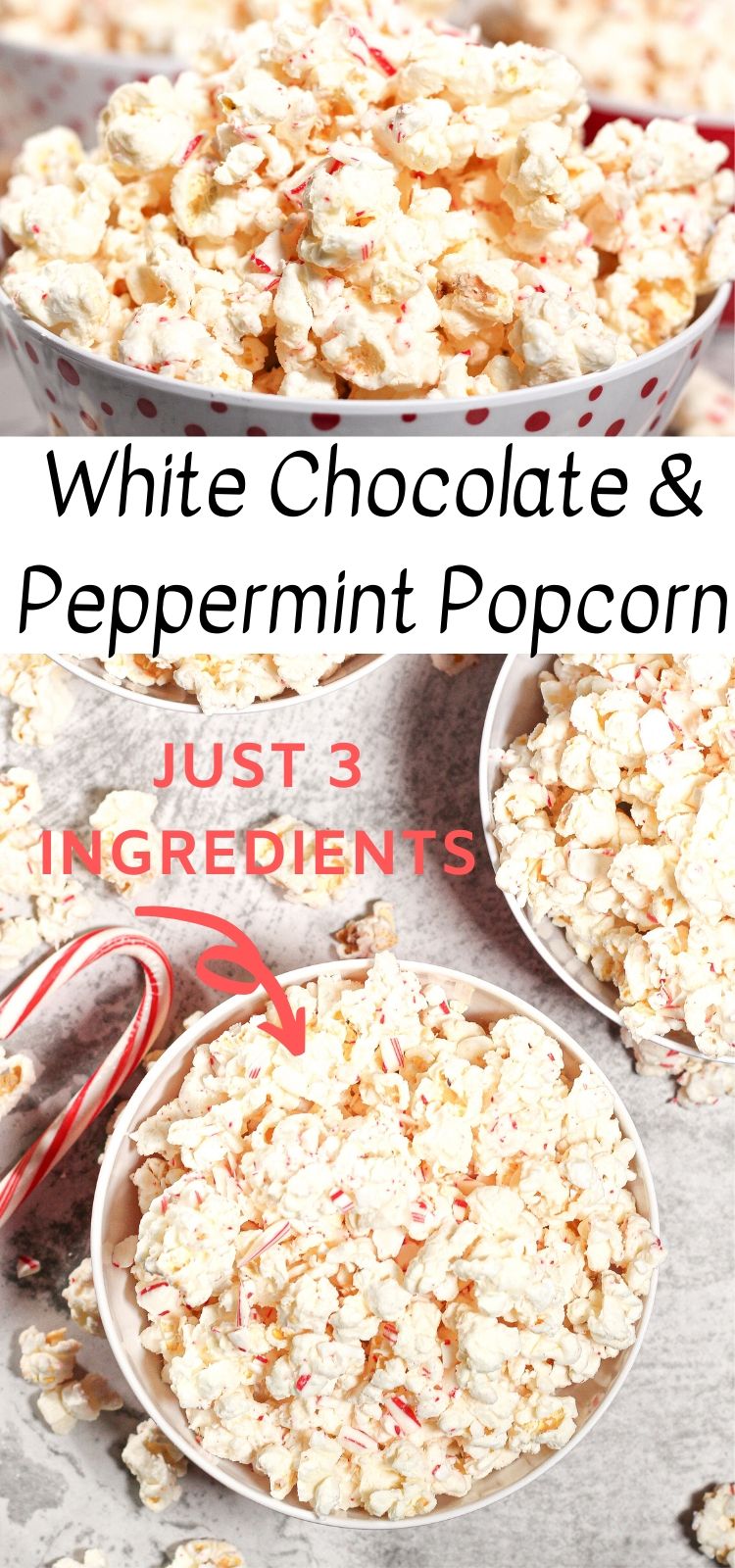 This White Chocolate Peppermint Popcorn recipe is delicious white chocolate popcorn dusted with crushed candy canes. Perfect for a sweet Christmas snack or giving away as a Holiday Treat! This White Chocolate Popcorn recipe only needs 3 ingredients and is ready in under 10 minutes!! white chocolate peppermint popcorn in bowls